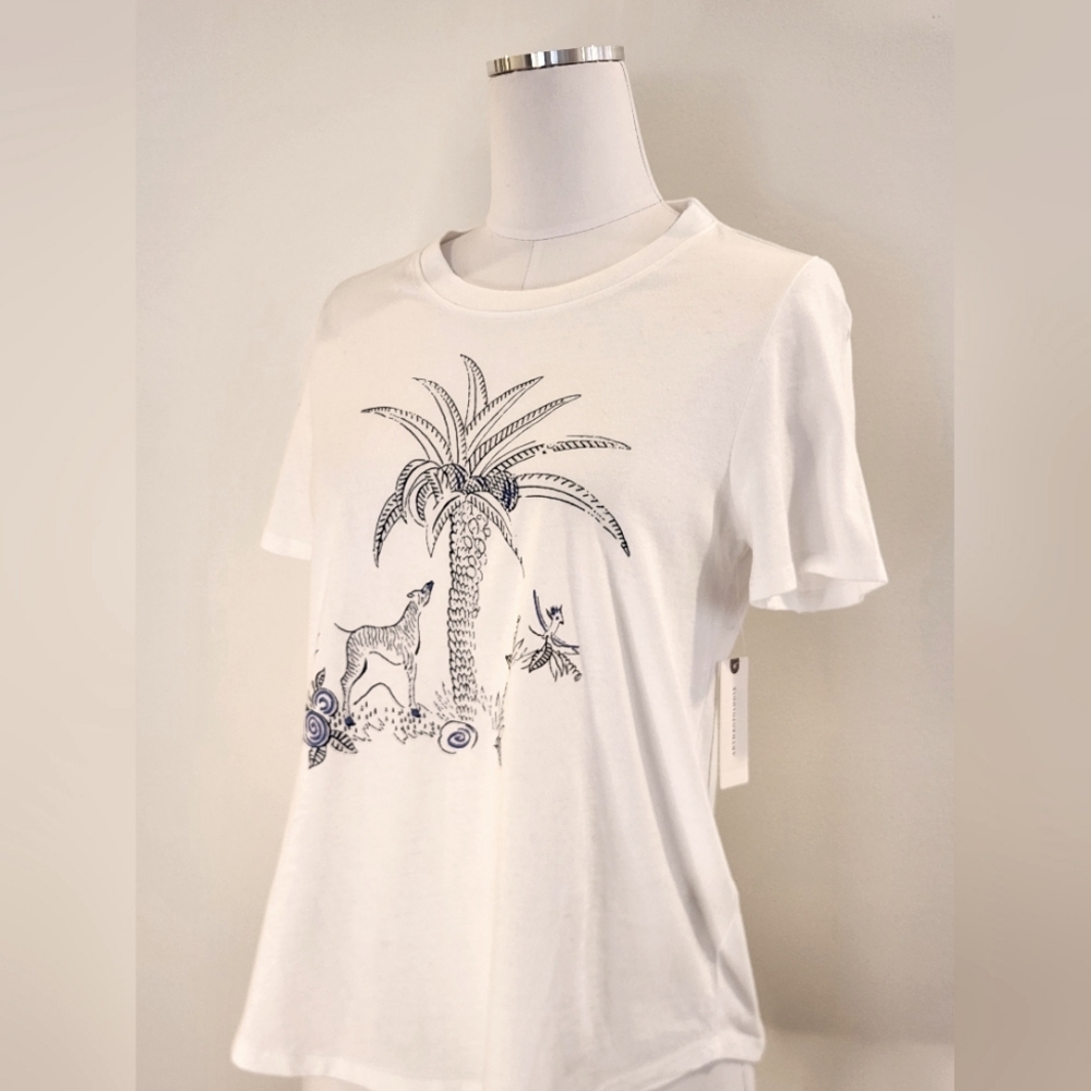 NWT || ANTHROPOLOGIE || Zebra Palm Tree graphic T, white/blue, sz S - Picture 2 of 7
